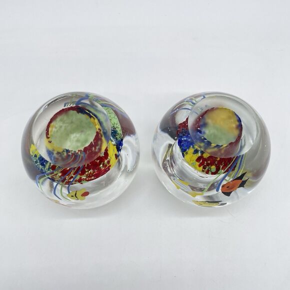Set of 2 Vintage Murano Style Paperweights 3.5” Aquarium Candle Holders - Picture 6 of 10